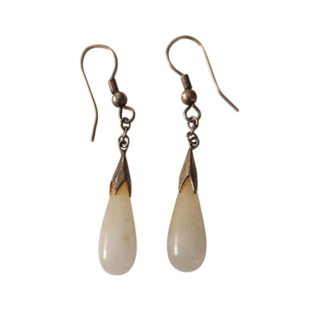 Natural White Jadeite Jade Teardrop Dangle Earrings Stainless Steel